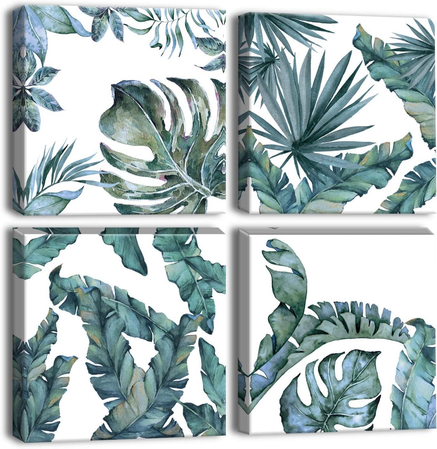 4-teiliges Tropische Grüne Blätter Leinwandbild Set 30x30cm