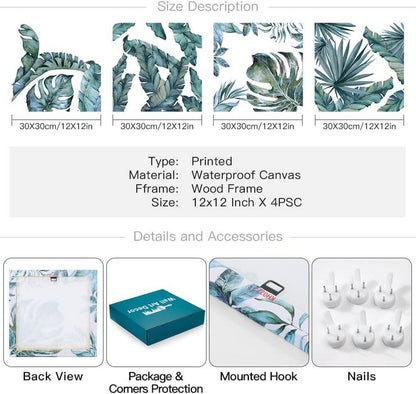 4tlg. Leinwandbilder Tropische Grüne Blätter 30x30cm - Wandbild Moderne Kunst