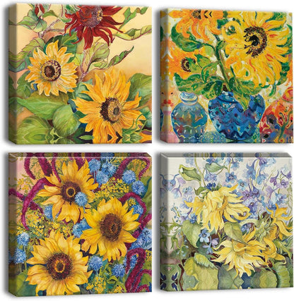 Moderne Sonnenblumen-Wandbilder 4-teilig 30x30cm