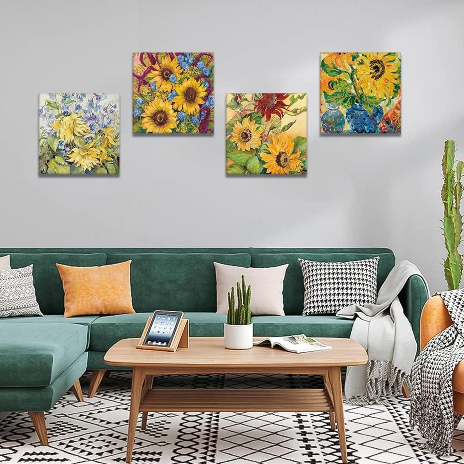 4-teiliges Sonnenblumen-Ölgemälde Leinwandbilder Set 30x30cm