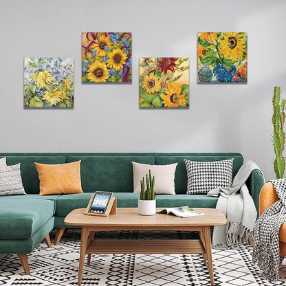 4-teiliges Sonnenblumen-Ölgemälde Leinwandbilder Set 30x30cm