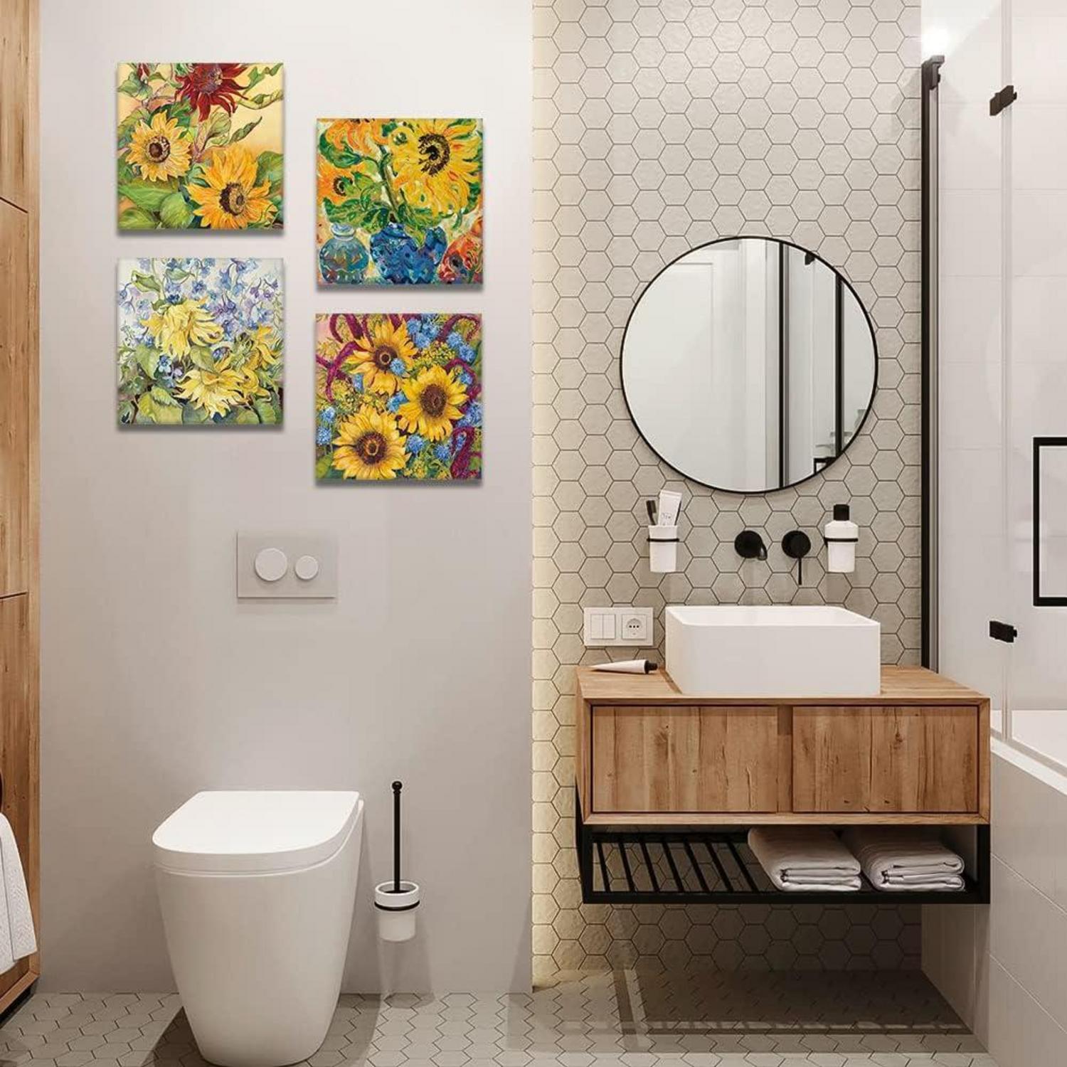 Artscope Sonnenblumen-Ölgemälde Leinwandbilder 4-teilig 30x30cm