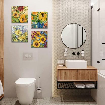 Artscope Sonnenblumen-Ölgemälde Leinwandbilder 4-teilig 30x30cm