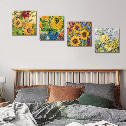 Moderne 4-teilig Leinwandbild Sonnenblumen-Ölgemälde 30x30cm