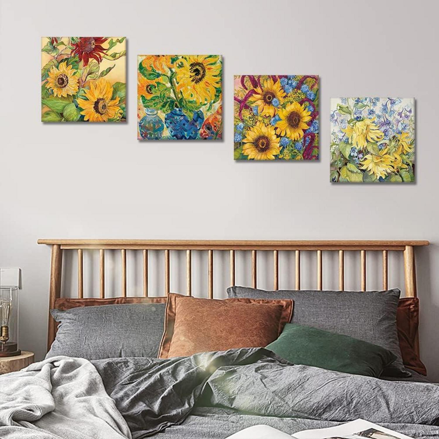 Moderne 4-teilig Leinwandbild Sonnenblumen-Ölgemälde 30x30cm