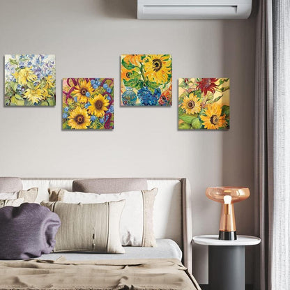 Moderne Sonnenblumen Leinwandbilder 4-teilig 30x30cm Wanddekoration