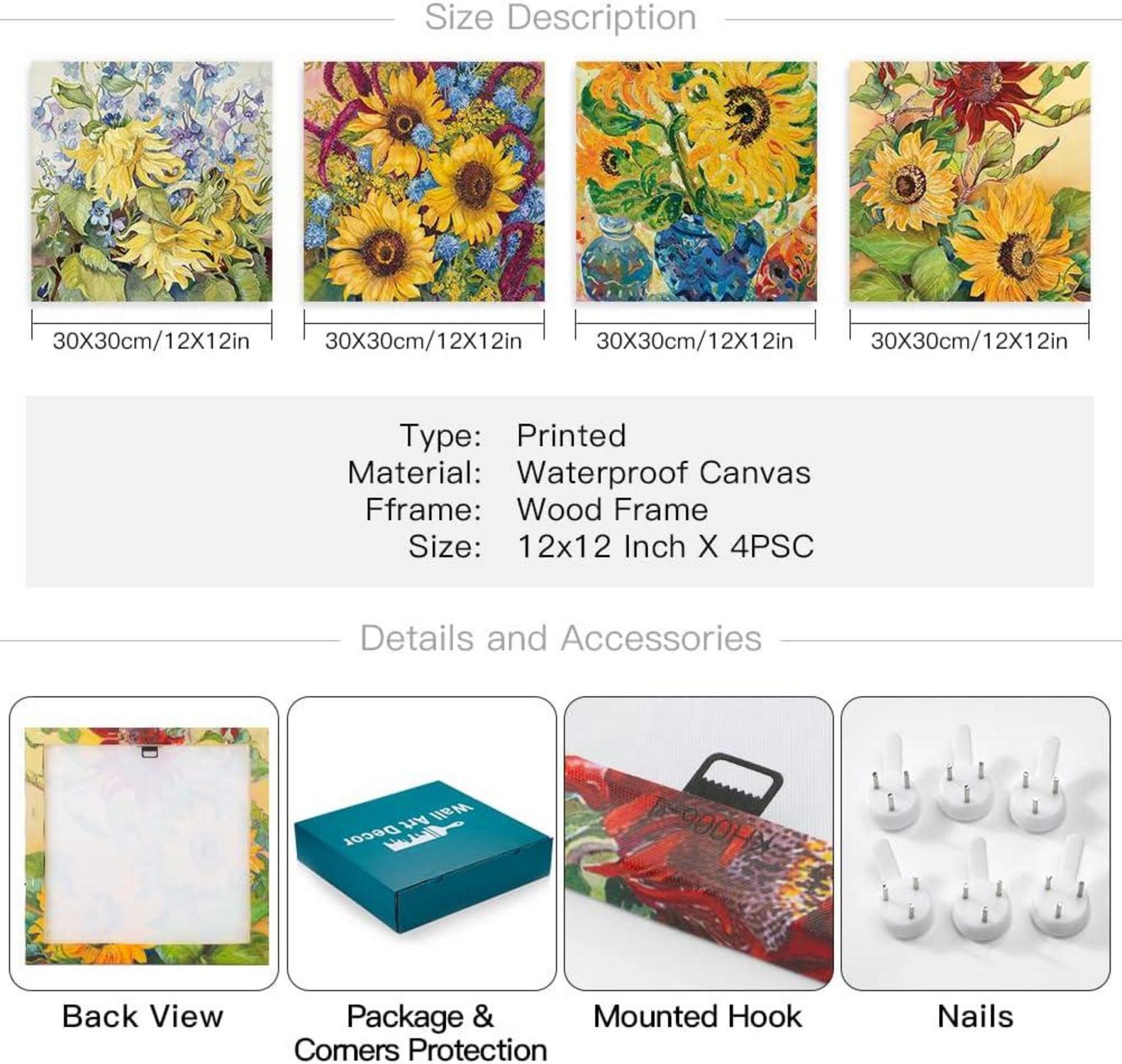 Moderne 4-teilig Leinwandbild Sonnenblumen-Ölgemälde 30x30cm