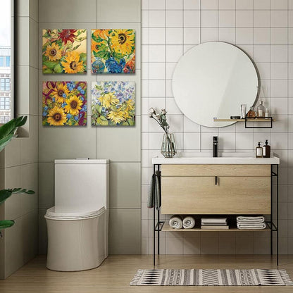 Artscope Sonnenblumen-Ölgemälde Leinwandbilder 4-teilig 30x30cm