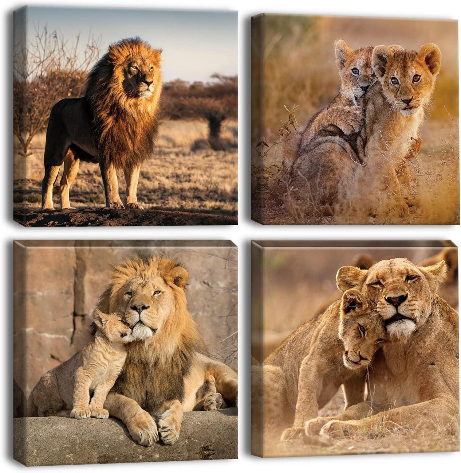 Modernes 4-teiliges Leinwandbild Löwenfamilie Wanddekoration 30x30cm