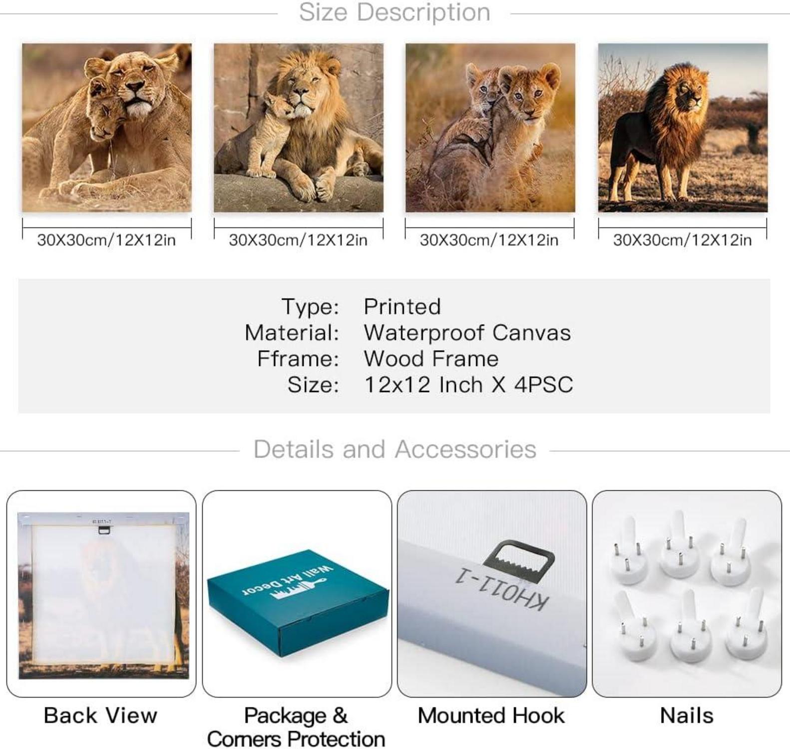 Leinwandbilder Löwenfamilie Wandbild Kunstdruck 30x30 cm 4-teilig