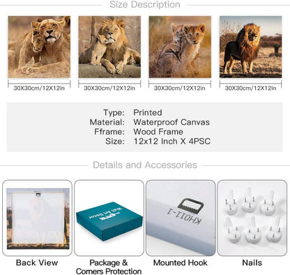 Leinwandbilder Löwenfamilie Wandbild Kunstdruck 30x30 cm 4-teilig