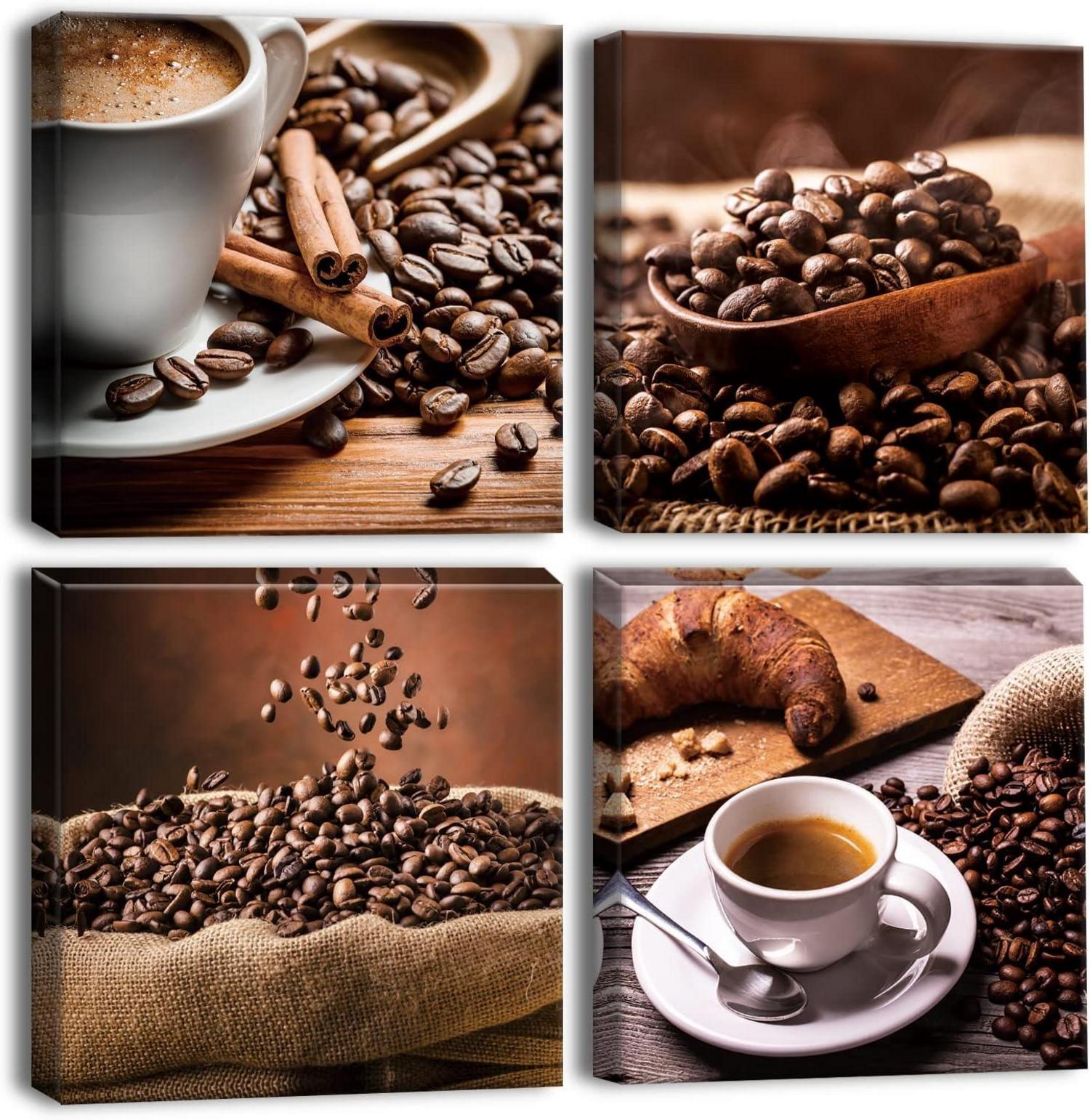 Moderne 4-Teilig Leinwandbilder Kaffeebohnen Kaffee Motiv 30x30cm