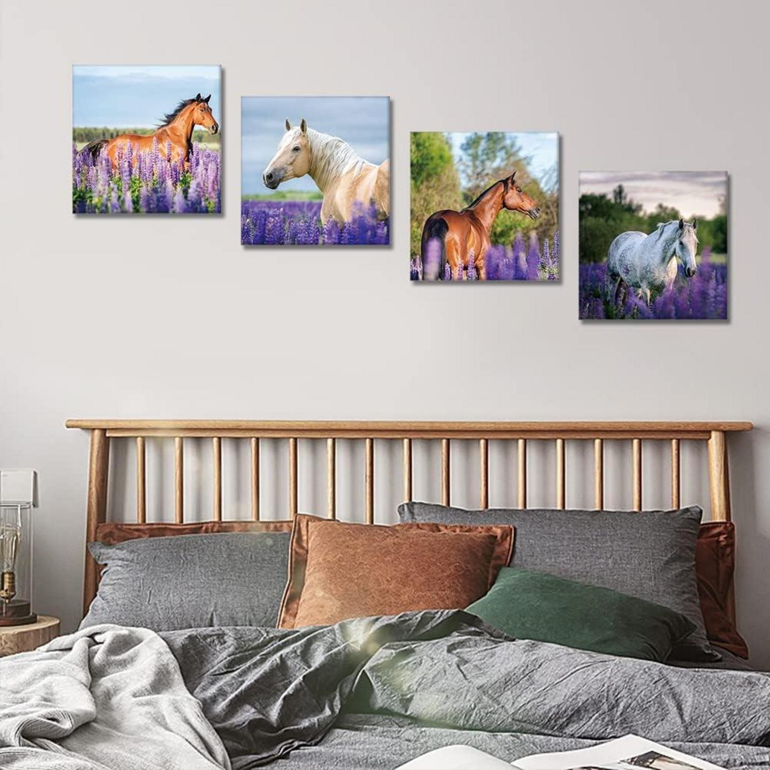 Leinwandbild Lila Lavendel Pferd Moderne Wanddekoration 30x30cm 4-teilig