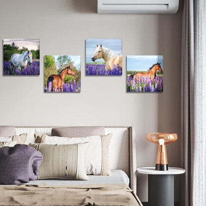 4-teiliges Leinwandbild Lila Lavendel und Pferd 30x30cm - Moderne