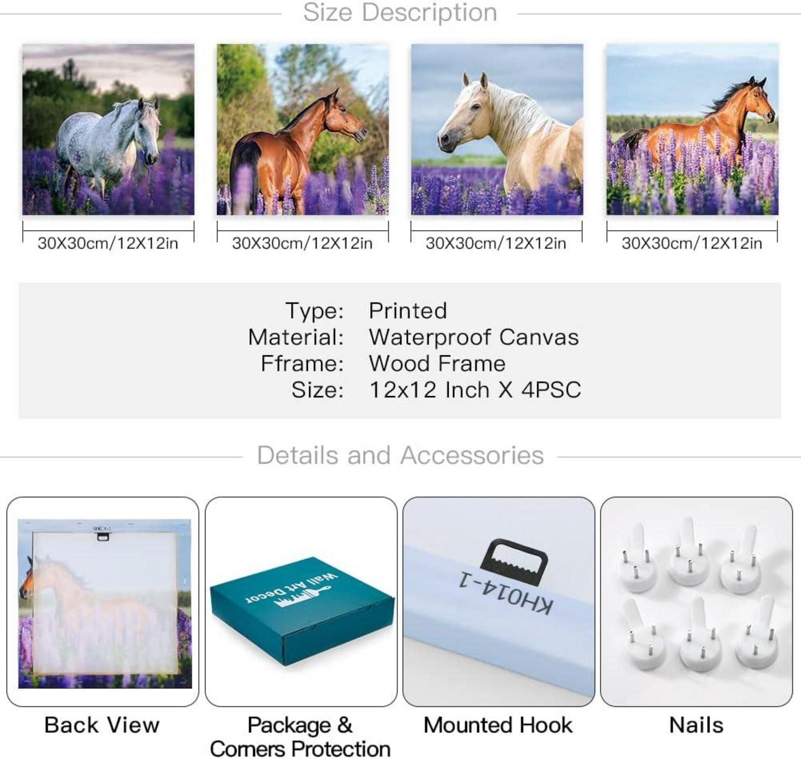 Leinwandbild Lila Lavendel Pferd Moderne Wanddekoration 30x30cm 4-teilig