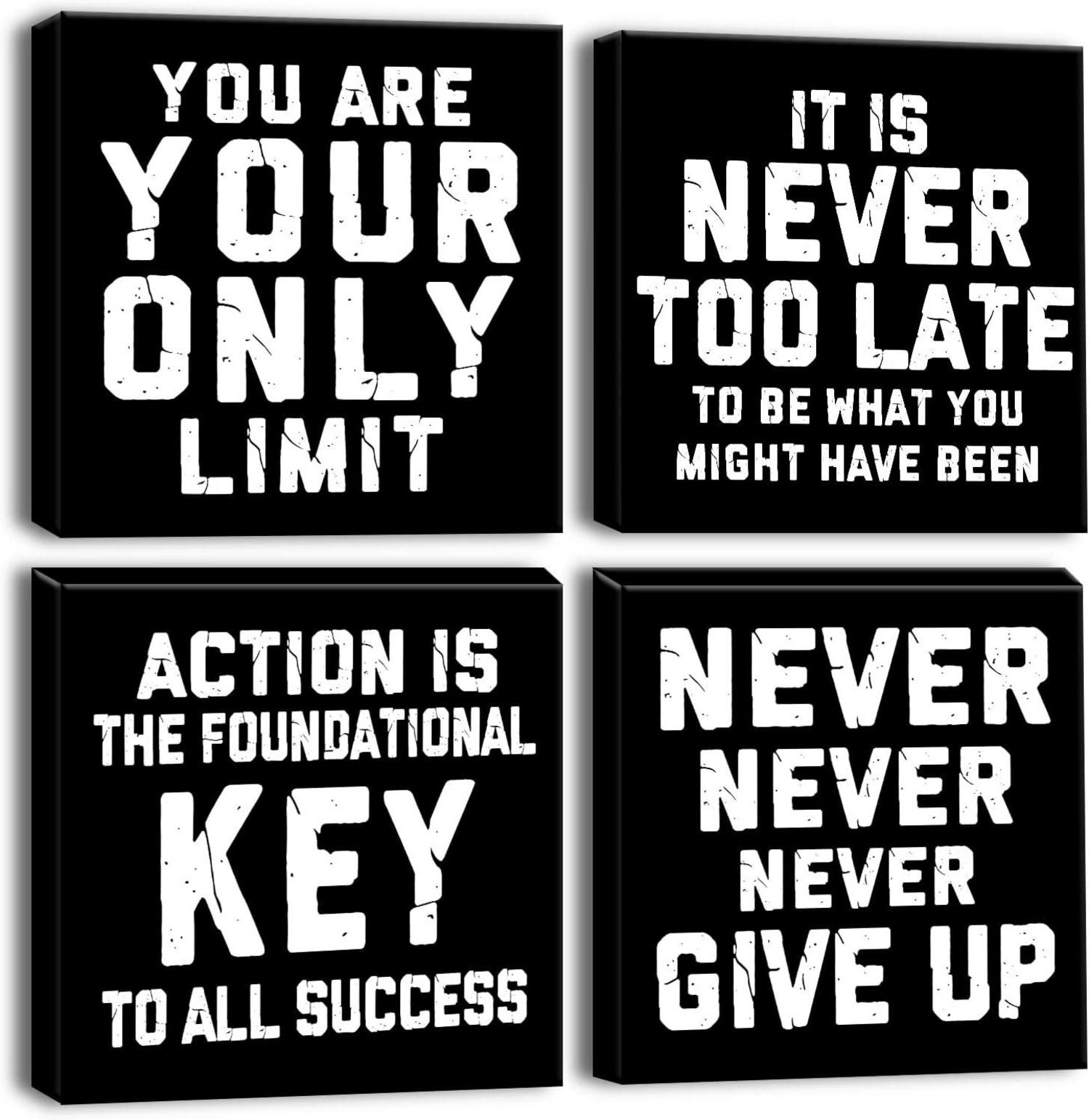 Moderne 4-teilige Leinwandbilder mit inspirierenden Zitaten in Schwarz
