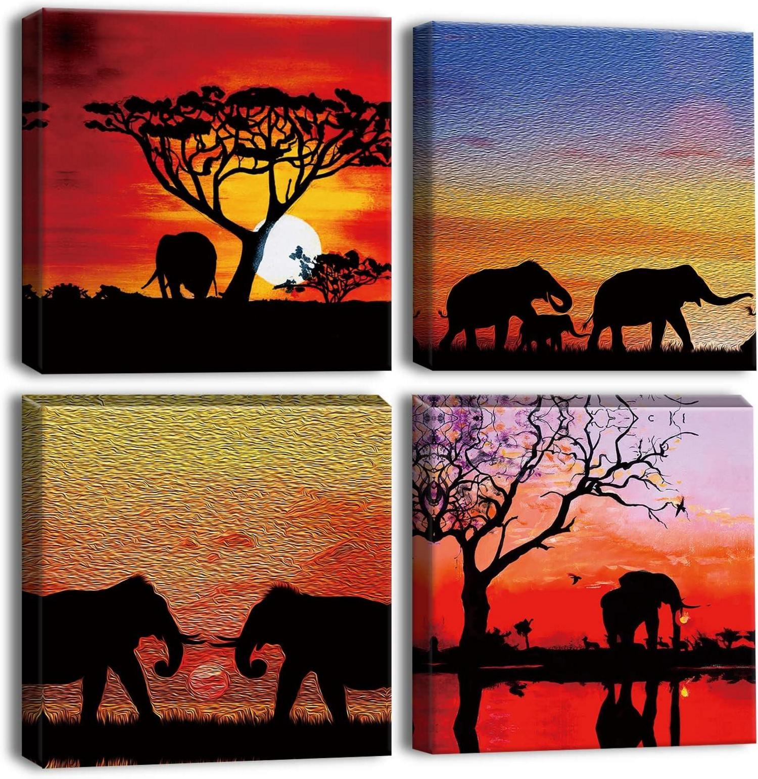 4-teiliges Leinwandbild Sonnenuntergang Afrikanische Elefanten 30x30cm