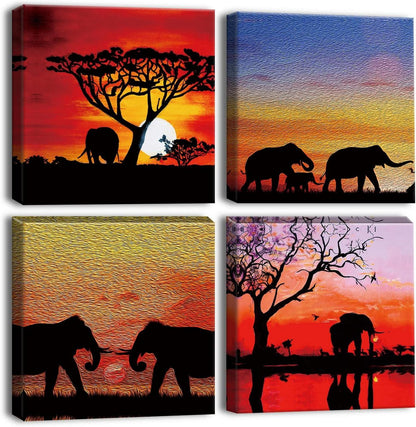 4-teiliges Leinwandbild Sonnenuntergang Afrikanische Elefanten 30x30cm