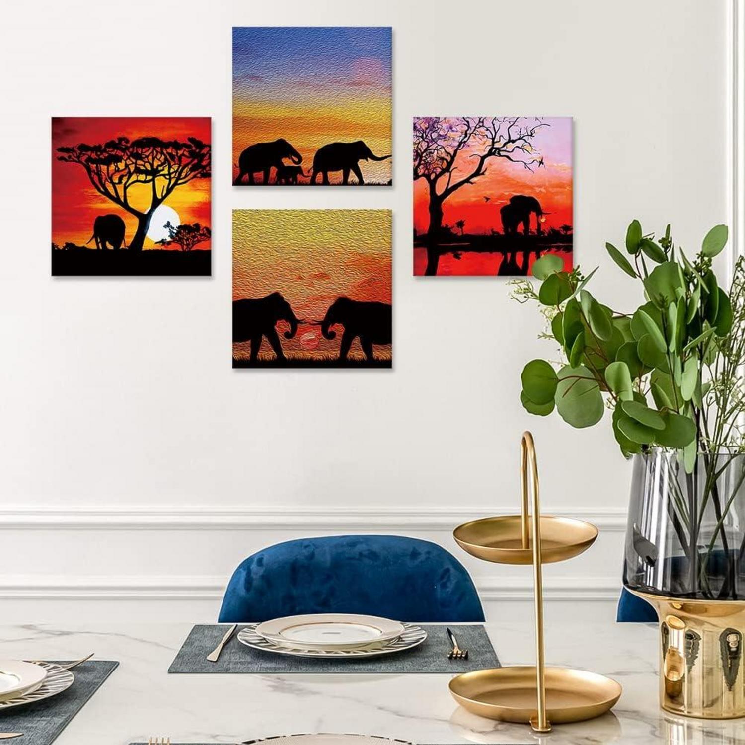 4-teiliges Leinwandbild Sonnenuntergang Afrikanische Elefanten 30x30cm
