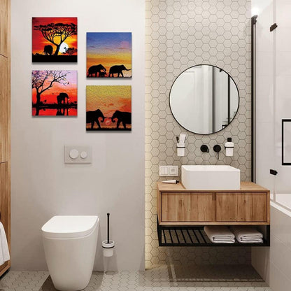 Moderne Leinwandbilder Sonnenuntergang Elefanten 4-teilig 30x30cm