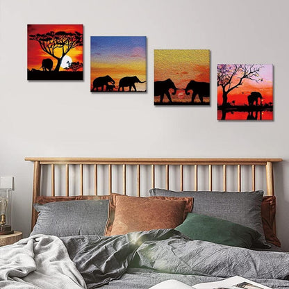 Leinwandbilder Elefanten Sonnenuntergang 4-teilig 30x30 cm Wandbild