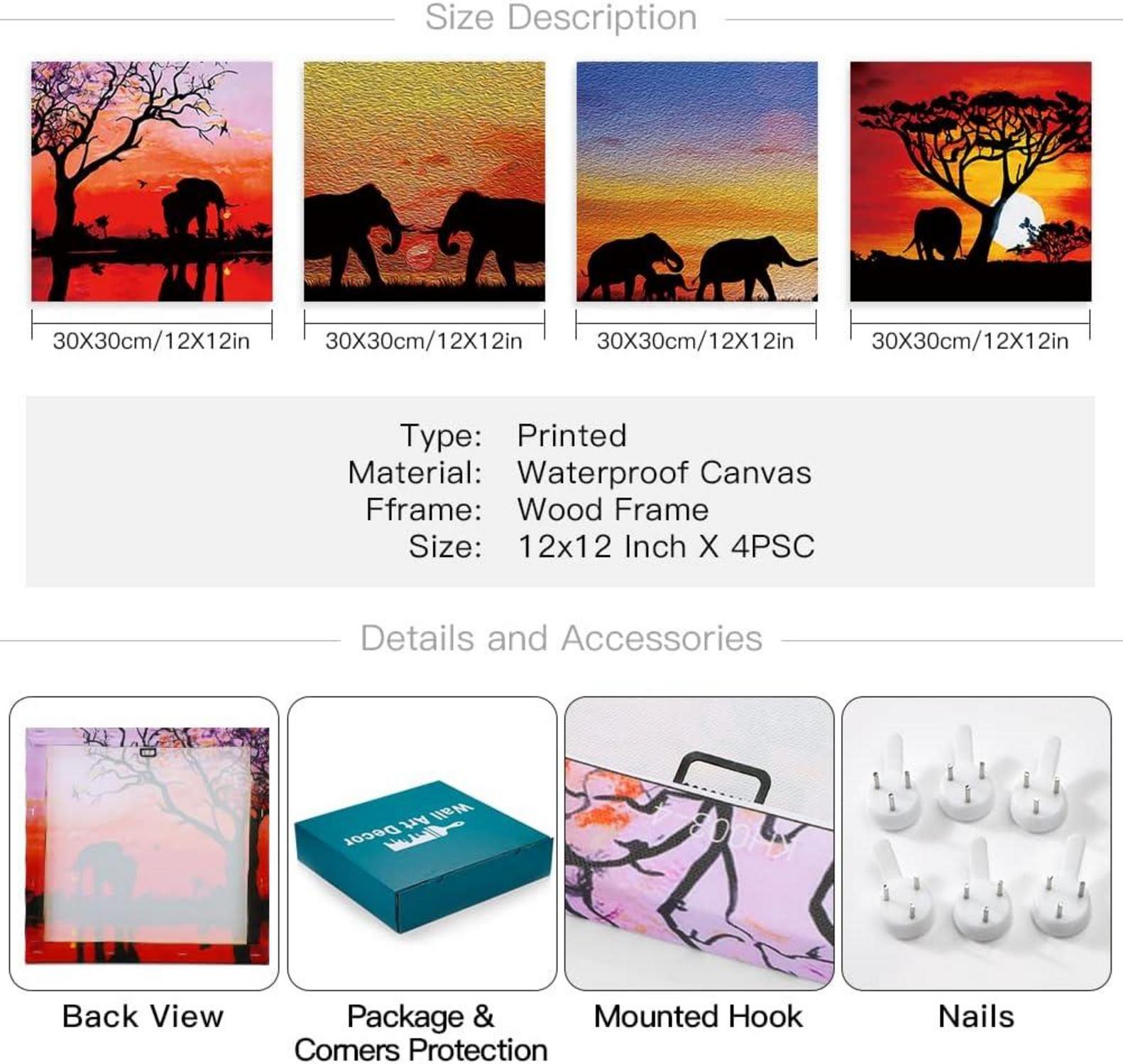 Leinwandbilder Elefanten Sonnenuntergang 4-teilig 30x30 cm Wandbild