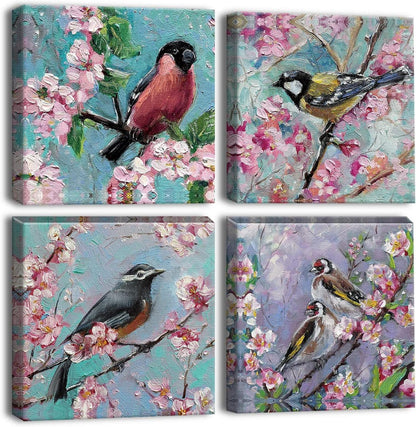4-teiliges Blumen und Vögel Leinwandbilder Set 30x30 cm