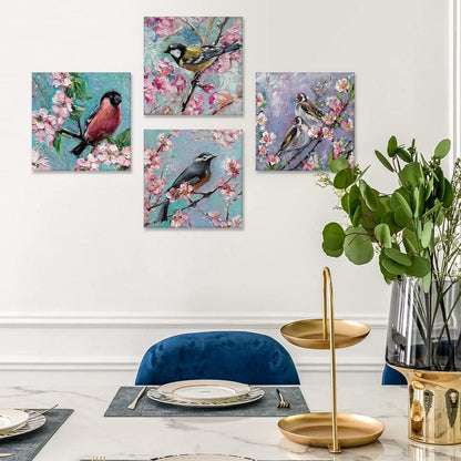 4-teiliges Blumen und Vögel Leinwandbilder Set 30x30 cm