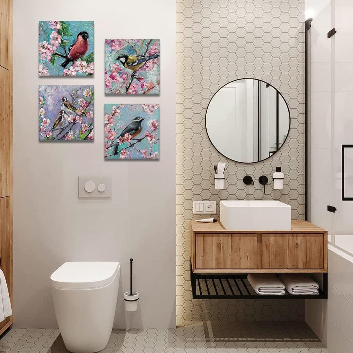 Artscope Leinwandbilder Ölgemälde Blumen Vögel 30x30cm 4-teilig