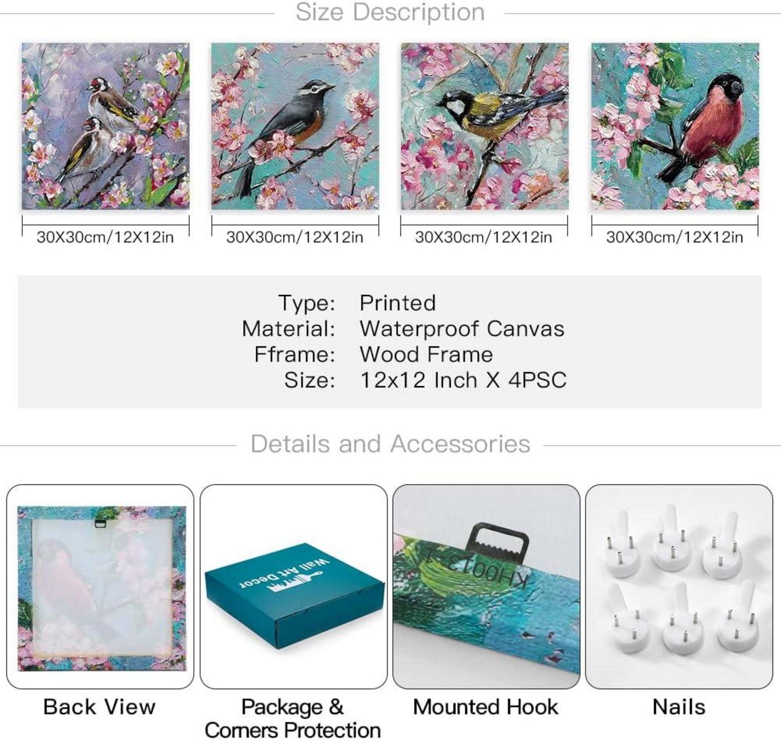 Moderne 4-teilig Leinwandbilder Blumen Vögel Ölgemälde Kunstdruck 30x30cm