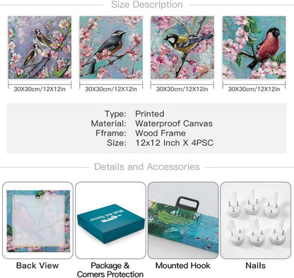 Moderne 4-teilig Leinwandbilder Blumen Vögel Ölgemälde Kunstdruck 30x30cm