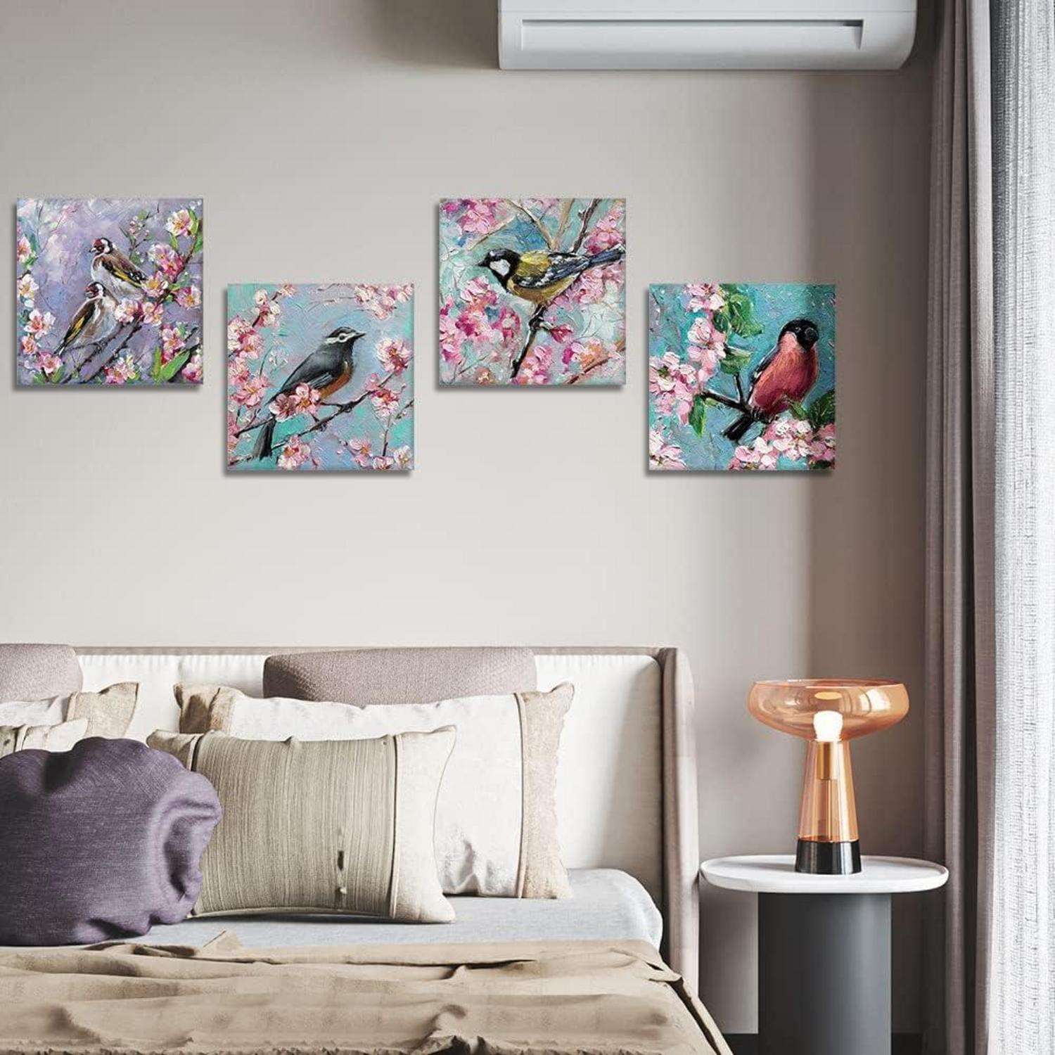 4-teilig Leinwandbilder Ölgemälde Blumen Vögel Wanddekoration 30x30cm