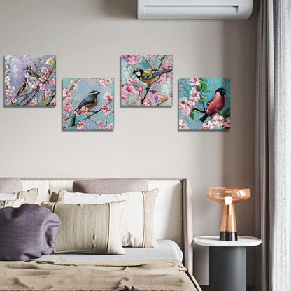4-teilig Leinwandbilder Ölgemälde Blumen Vögel Wanddekoration 30x30cm