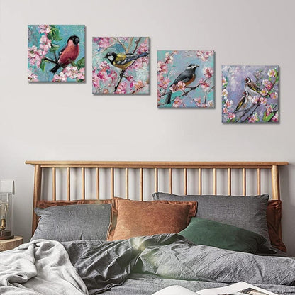 Moderne 4-teilig Leinwandbilder Blumen Vögel Ölgemälde Kunstdruck 30x30cm