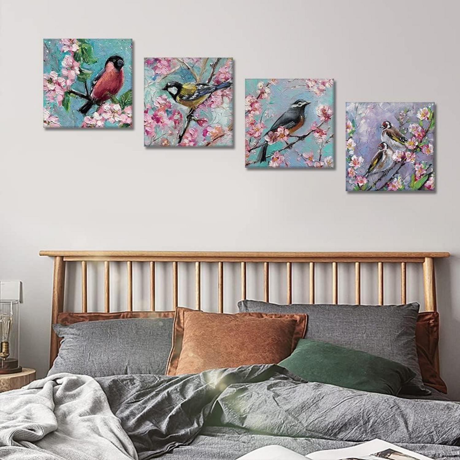 Moderne 4-teilig Leinwandbilder Blumen Vögel Ölgemälde Kunstdruck 30x30cm
