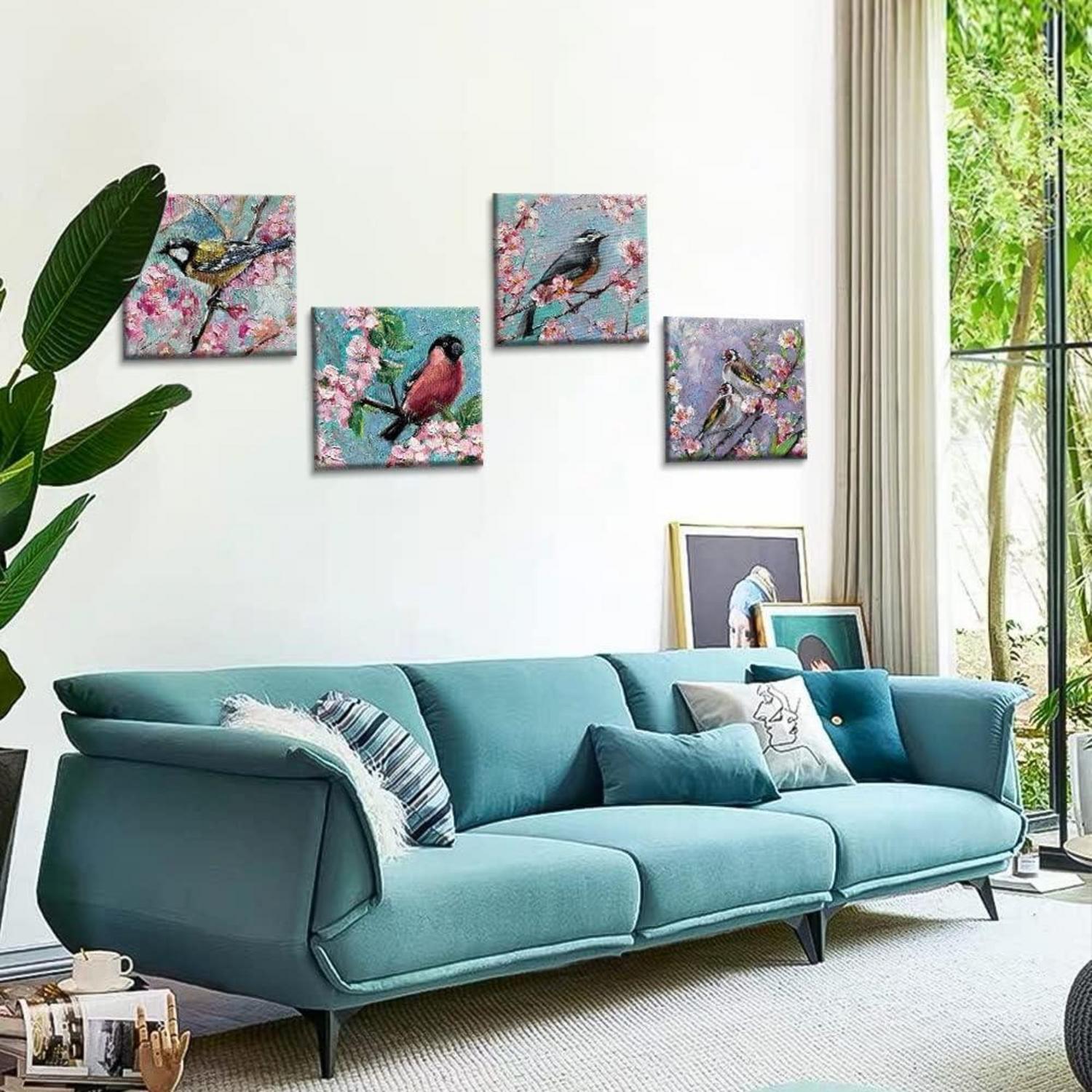 Artscope Leinwandbilder Ölgemälde Blumen Vögel 30x30cm 4-teilig
