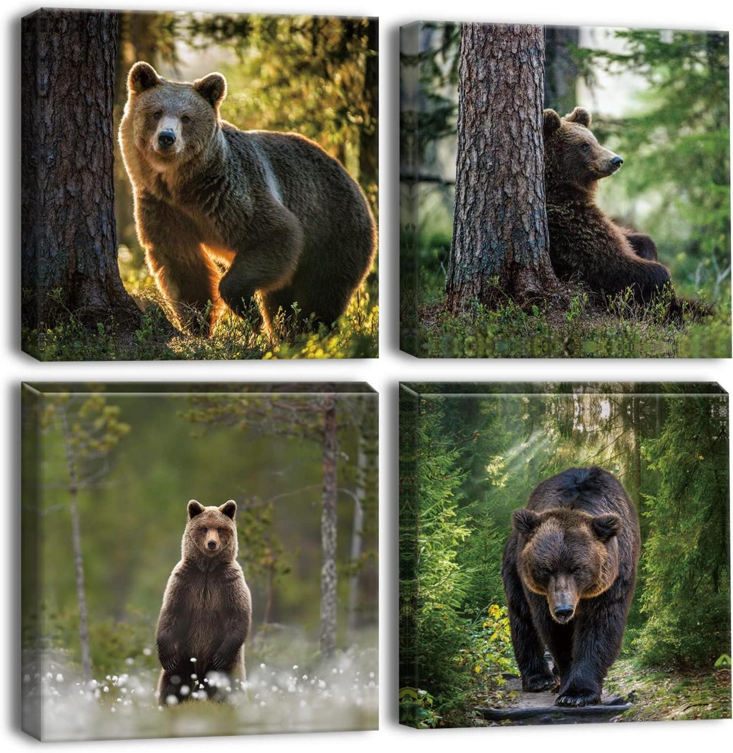 Moderne 4-teilige Leinwandbilder Wald Bär Motiv 30x30cm