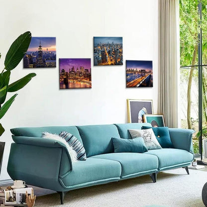 Moderne Stadtnacht Leinwandbilder 30x30 cm 4-teilig Wandbild Wohnzimmer Kunst