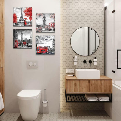 Wandbild Paar Big Ben Eiffelturm Leinwand 4-teilig 30x30cm modern rot