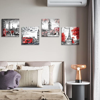 Leinwandbilder 4-teilig mit Paar, Big Ben und Eiffelturm Motiv