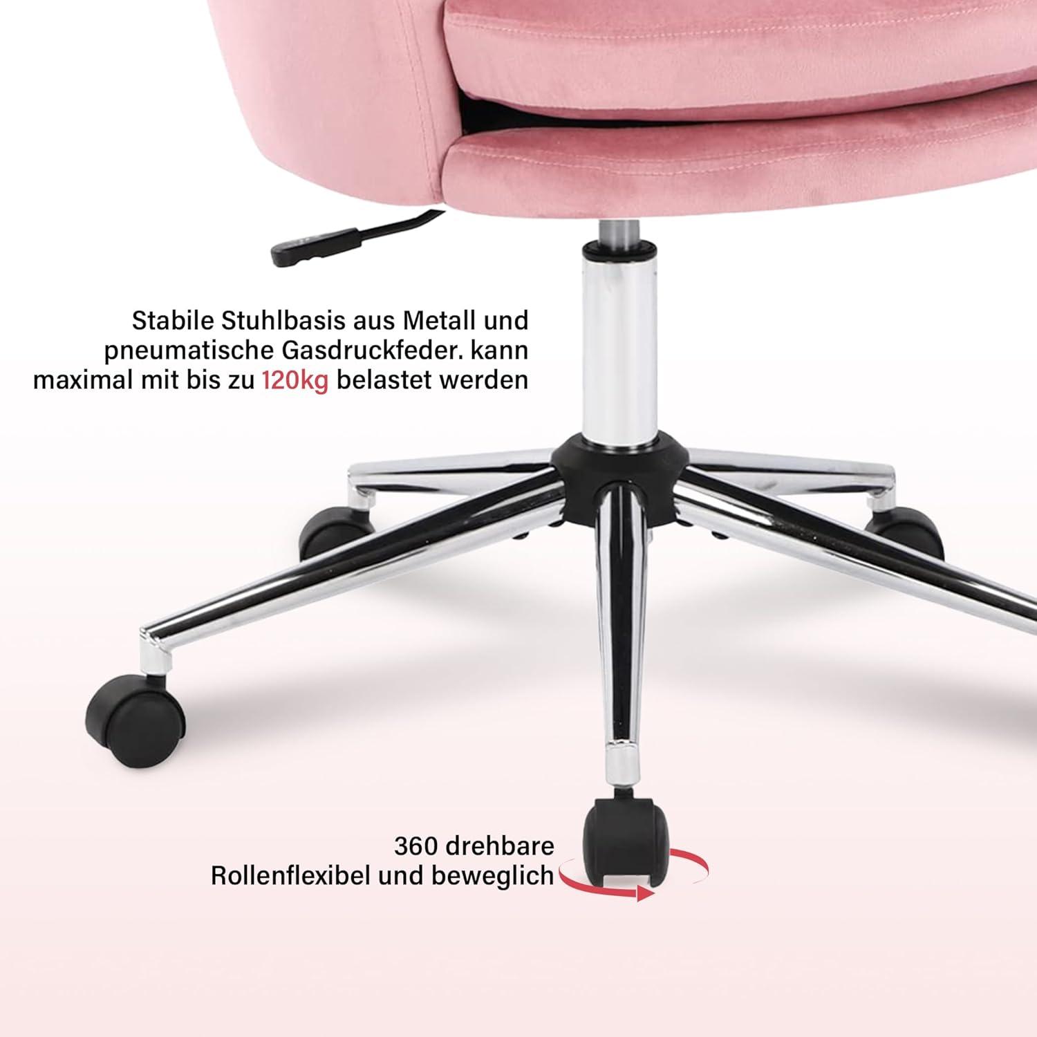 Bürostuhl Höhenverstellbar Samt Drehstuhl mit Rädern Schwarz Rosa