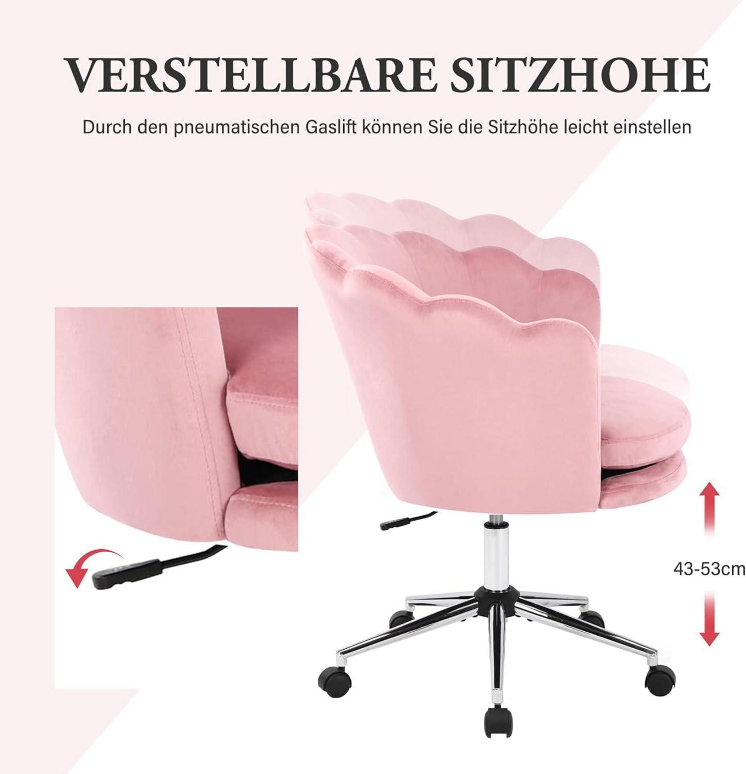 Ergonomischer Samt-Bürostuhl mit Rädern, Höhenverstellbar, Rosa/Schwarz
