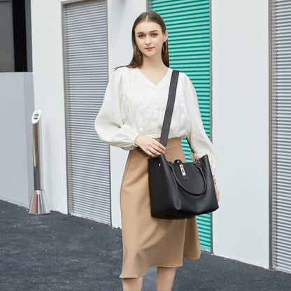 Großer Damen Shopper aus Leder - Paris Design Henkeltasche - Schwarz