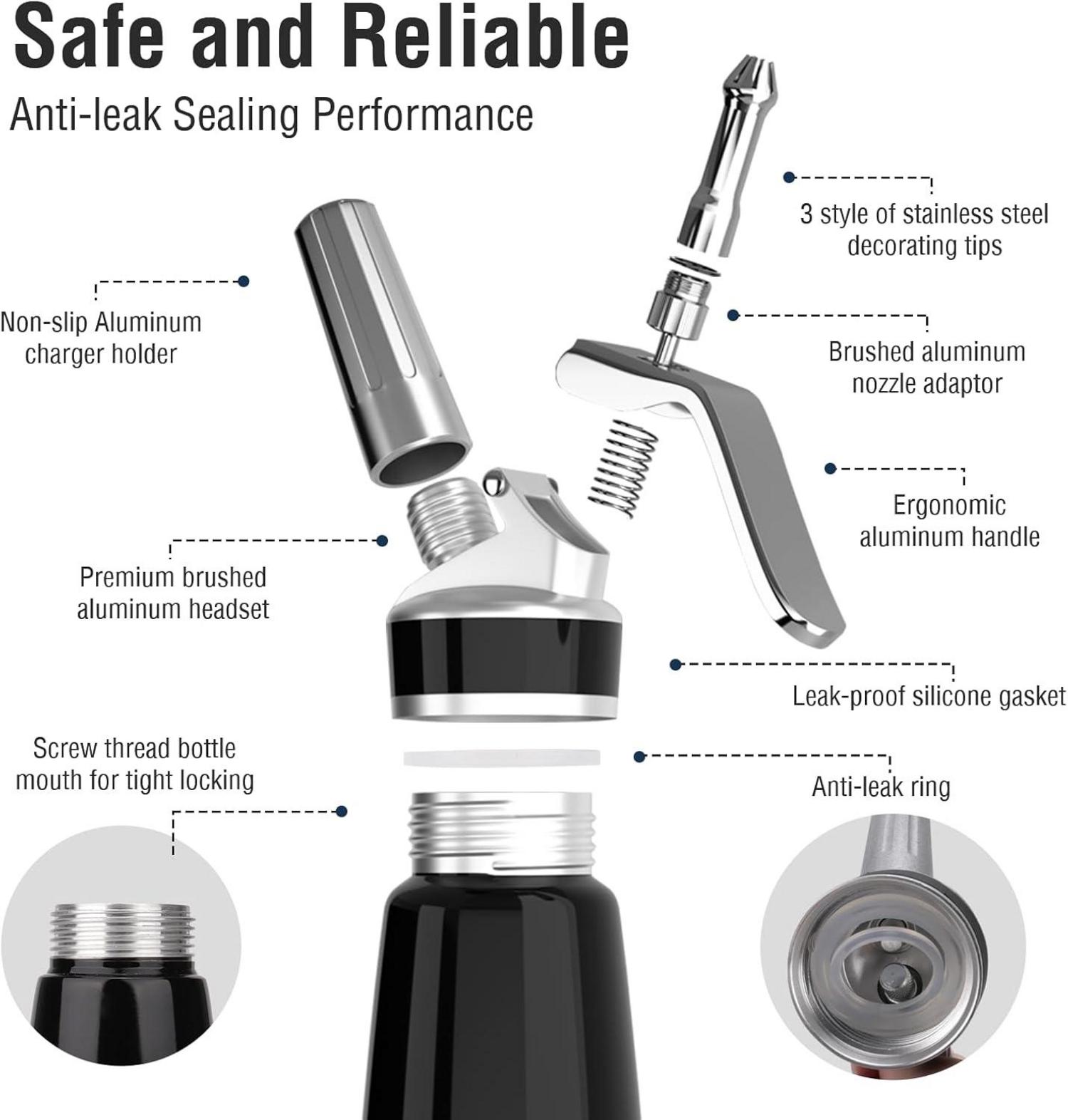 Sahnespender 500ml Aluminium Schwarz + 3 Edelstahldüsen