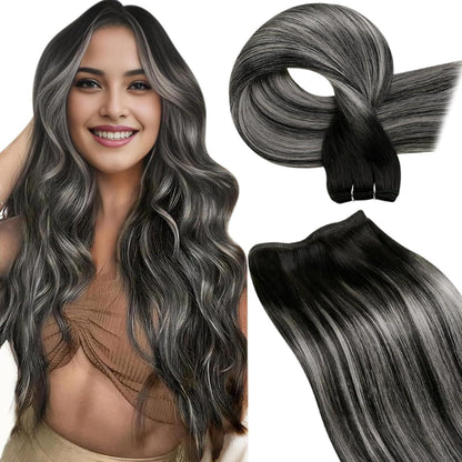Echthaar Tressen Schwarz Ombre Silber 40cm - 100g