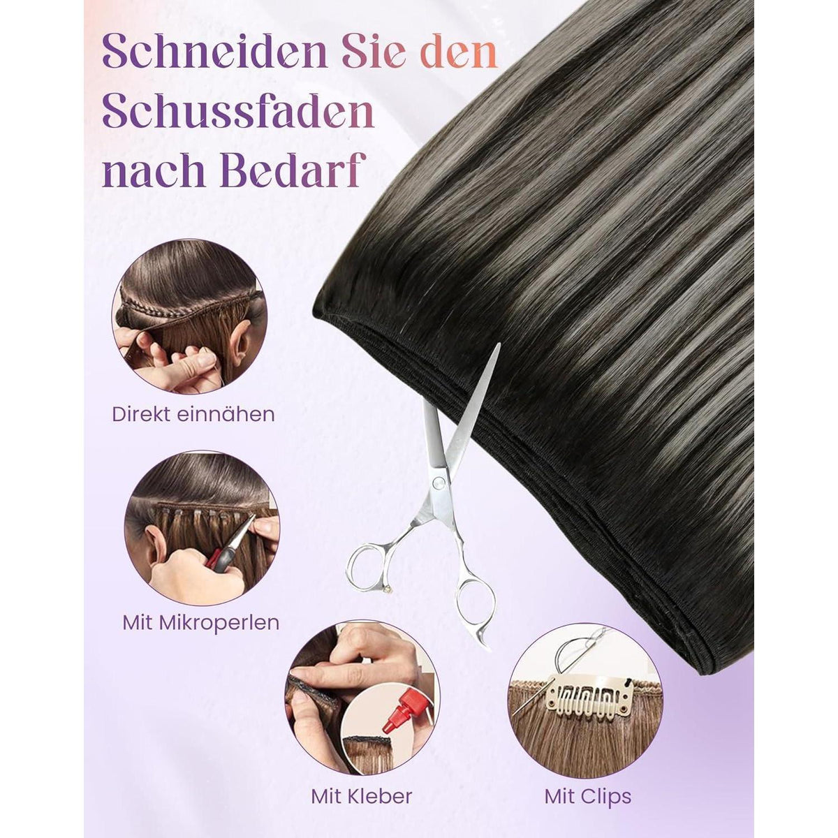 Echthaar Tressen Schwarz Ombre Silber 40cm - 100g