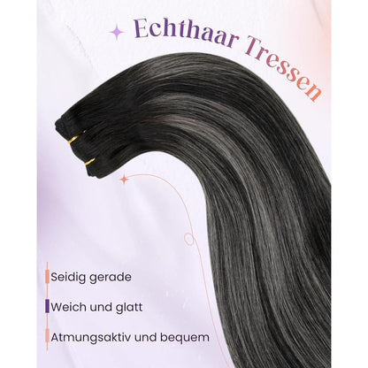 Echthaar Tressen Schwarz Ombre Silber 40cm - 100g