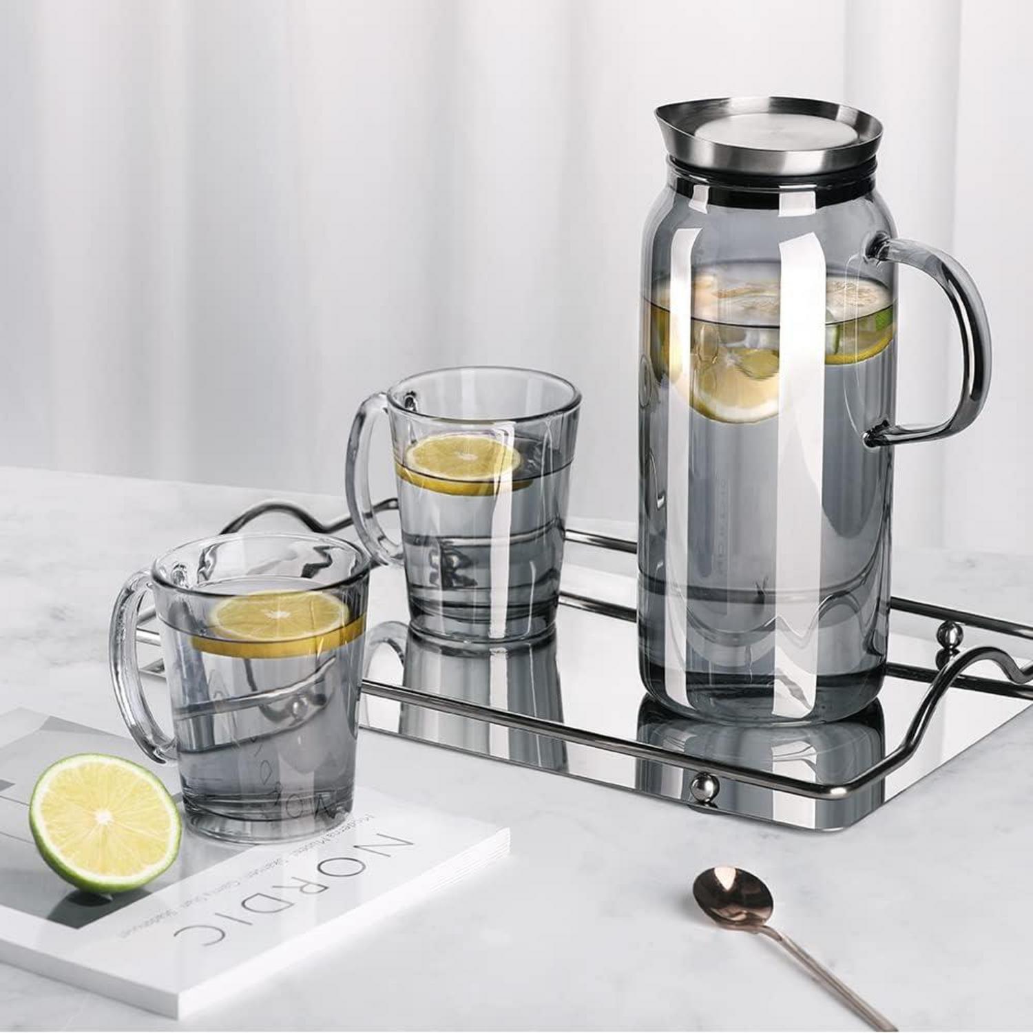 Ecooe Glaskaraffe 1.5L Wasserkaraffe Glas Edelstahl Deckel Schwarz