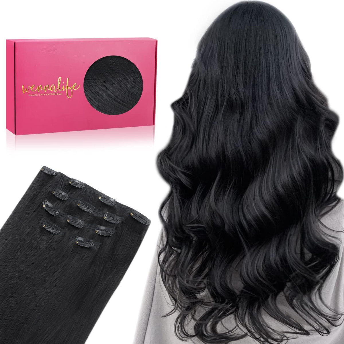 Clip in Echthaar Extensions Schwarz 50cm - 80g