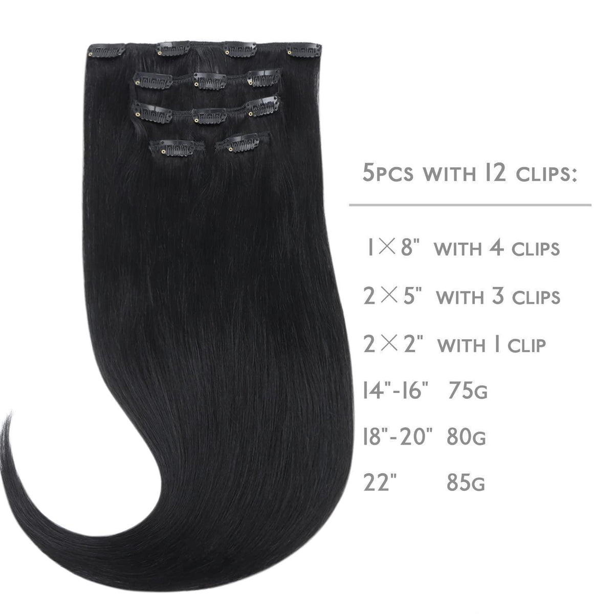 Clip in Echthaar Extensions Schwarz 50cm - 80g